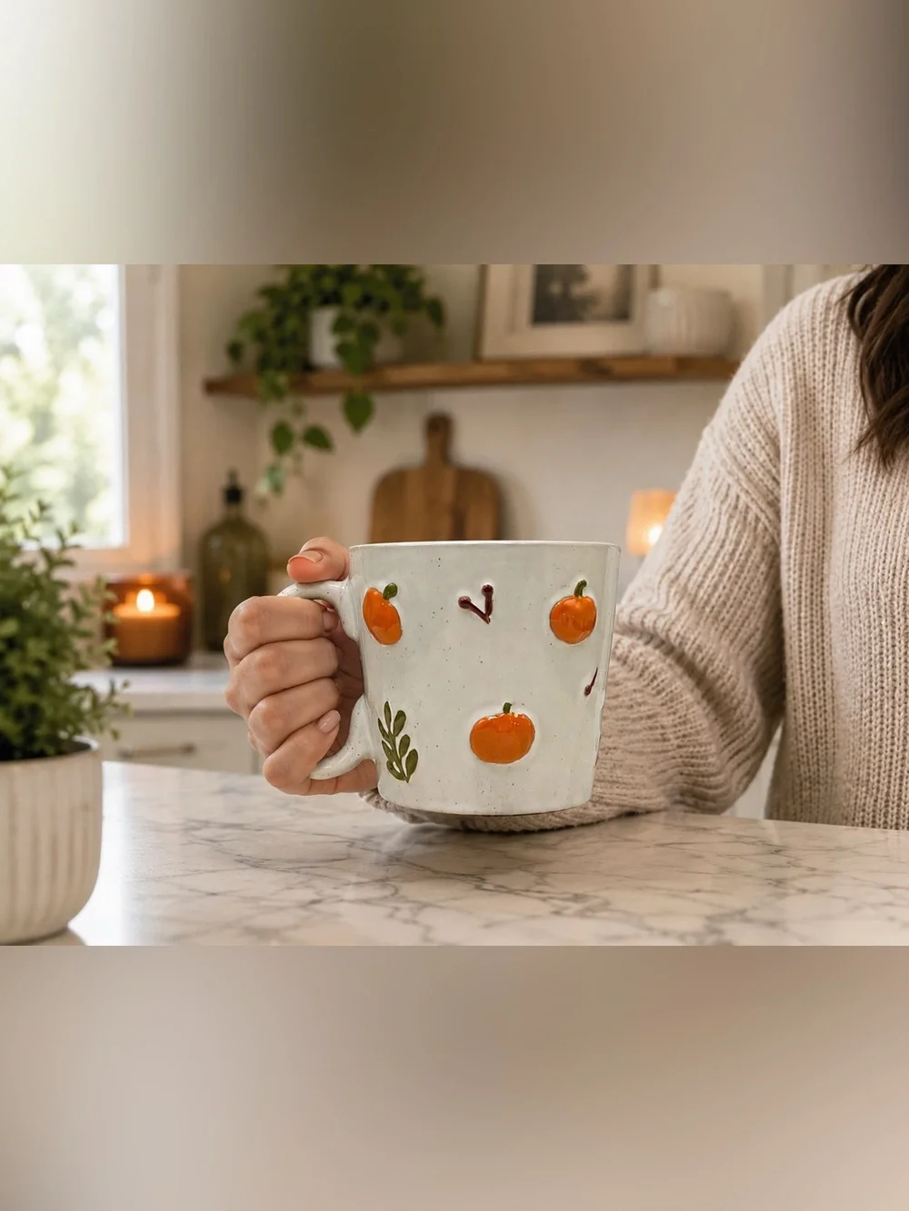 Large Pumpkin Coffee Mug 18 oz, Speckled Autumn Ceramic Tea Cup, Sunday Morning